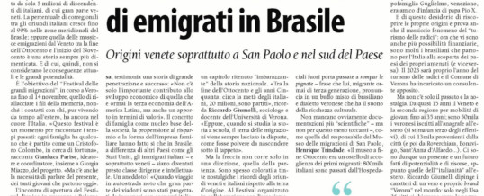 Articolo del Giornale Verona Fedele sul progetto “Festival delle grandi Migrazioni”